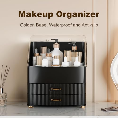 Makeup Organizer Countertop Vanity with Transparent Lid Drawers Waterproof Dustproof Cosmetic Skincare Bathroom Storage Gift for Women Teens Girls (Black) - color: Black