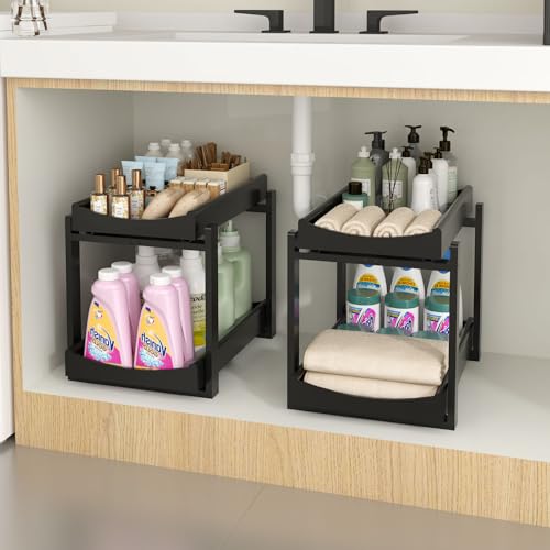 MHXW SXPN Bamboo Under Sink Organizer and Storage, Pull Out Cabinet Organization, 2 Tier Vertical Slide Out Undersink Storage Shelf, Organizer Shelves for Kitchen Bathroom Medicine (Black, 2 Pack) - color: Black, size: 2 Pack
