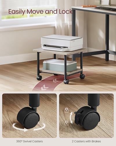 VASAGLE Printer Stand with Locking Wheels, Industrial Mobile Cart, Under Desk Printer Table for Home Office, 18.9 x 15.7 x 13.4 Inches, Storage Shelf, 2-Tier, Heather Greige and Ink Black - color: Heather Greige + Black, size: 2 Tiers/Compact