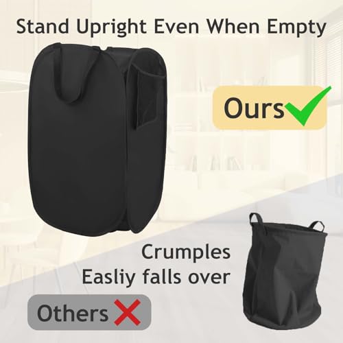 Upgraded Polyester Pop-up Laundry Hamper, 70L(18.5 Gal) Quality Laundry Basket with Durable Handles Solid Bottom High Carbon Steel Frame and Side Pocket, Easy to Open and Fold Flat for Storage - color: Black, size: 1-Pack