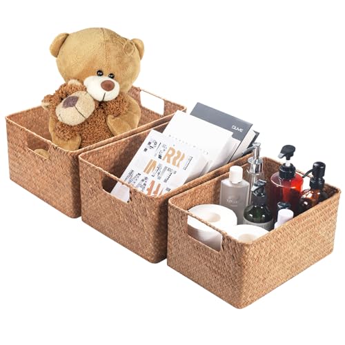 YANGQIHOME Wicker Baskets, [Set of 3] Woven Baskets for Storage, Seagrass Storage Baskets for Organizing with Built-in Handles, Open Storage Bins, Multisize, Natural - color: Natural (Set of 3)