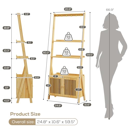 Bookcase with Drawers, 4-Tier Bamboo Bookshelf Ladder Shelf with 6 Hooks, Tall Narrow Book Shelf, 24.8"L x 10.6"W x 59.5"H, Standing Storage Organizer for Living Room, Home Office, Bedroom, Bathroom - color: 4-tier Natural