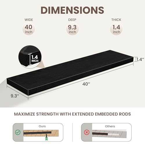 Acovy Floating Shelves for Wall,40 Inch Long Floating Shelves Set of 2,9.3" Deep Floating Shelf for Home Decor,Wall Mounted Bookshelf Large Display Storage Shelf for Bedroom Office Bathroom,Black - color: Black, size: 40 Inch,Set of 2