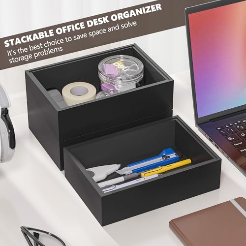 Kitchen Drawer Organizer Bins, Stackable Bamboo Drawer Organizer for Silverware, Flatware, Deep Office Desk Organizer Tray, Desktop Pen, Office Organization Black 9" x 6" x 2.5"(Set of 2) - color: Black, size: 9 x 6 x 2.5 Inch