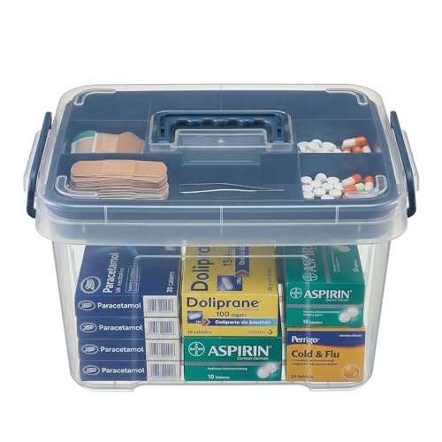 Pulseplay Clear Medicine Organizer Box with Handle Medicine Cabinet Organizer with Removable Tray First Aid Box Empty for Home Travel Outdoor (Blue) - color: Blue