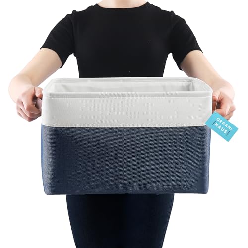OrganiHaus Extra Large Fabric Storage Baskets for Shelves 3 Pack, 16x13in Closet Storage Bins, Canvas Baskets for Organizing, Linen Closet Organizers, Cloth Basket, Navy Blue/Off-White - color: Navy Blue / Off-White, size: Extra Large - 3pc
