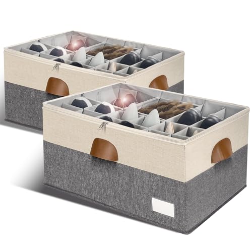 Shoe Organizer for Closet, Foldable Shoe Storage Bins with Clear Cover, Space Saving Shoes Holder with 4 Handles, Large Adjustable Shoe Box Storage Containers, Fits 12-24 Pairs, 2 Pack, Beige - color: Beige and Grey, size: (2 Pack) 25 ½"L x 17"W x 12 ½"H