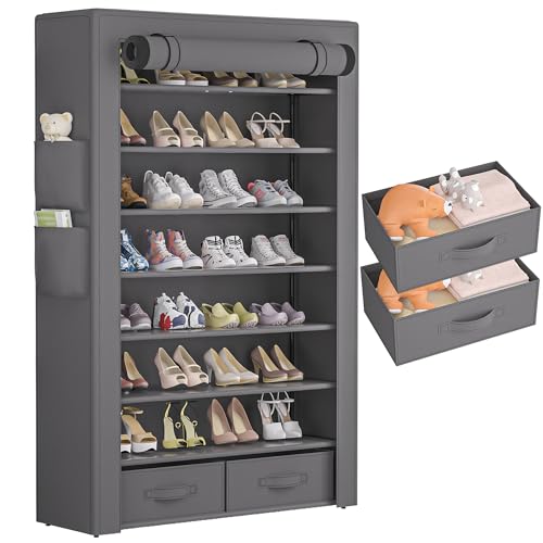 OYREL Shoe Rack Storage Cabinet 32 Pairs Organizer Shelf Tall for Shoes Large Free Standing Racks Vertical Shoe Holder Stand with Cover Two Boxes Closet - size: 8Tier with 2bins Grey