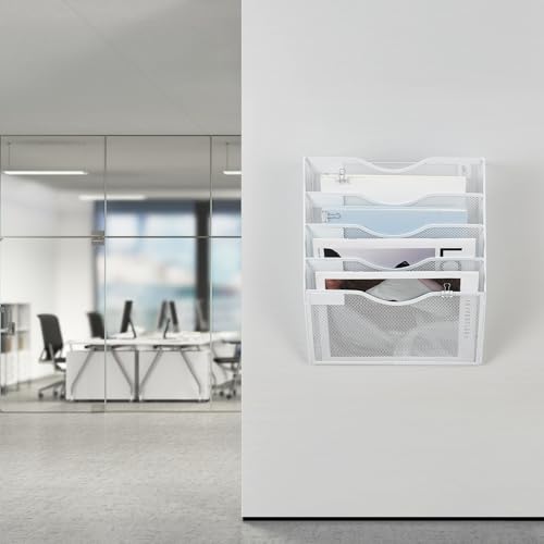 LEKETREE Hanging Wall File Organizer with Office Assorted, 5 Pockets Mesh Wall Mounted File Folder Holder for Mail, Paper, Document, Binder, Magazine, Menu (White) - color: White