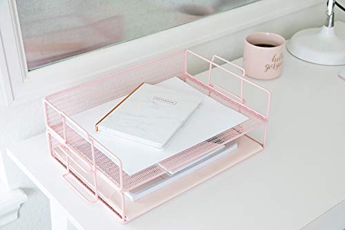 BLU MONACO | Paper Tray Stackable Pink Mesh Set of 2 | Stackable File Trays for Desk Organization | Tiered Desk Organizer with Metal Letter Trays and Workspace Organizer - color: Pink