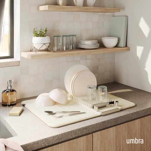 Umbra Udry Dish Rack and Microfiber Drying Mat – Space-Saving Design Folds Up for Easy Storage, Basic Rack, Linen - color: Linen, style: Basic Rack