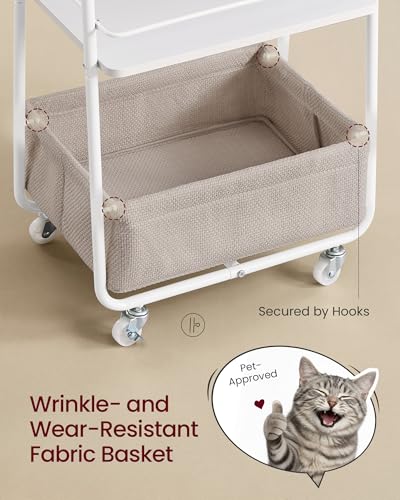 VASAGLE LILEA Collection - Storage Cart with Fabric Basket, 3-Tier Rolling Utility Cart with Wheels and Shelves, for Living Room Bedroom Kitchen, Cloud White and Camel Brown ULRC001WB01 - color: Cloud White + Camel Brown, style: 16.9"D x 11.8"W x 31.9"H