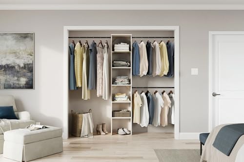 ClosetMaid SuiteSymphony Wood Closet Organizer Kit with Tower, (3) Hang Rods, (5) Shelves (2-Adjustable), Fits Spaces 4-9 ft. Wide, White Timber