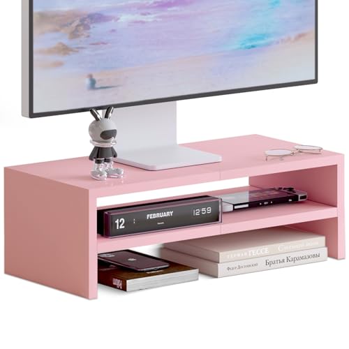 TEAMIX 2 Tiers Pink Monitor Stand Riser, Desktop Stand with Keyboard Storage Small TV Stand Laptop Wooden Desk Organizer Cute Shelf (Pink, 2 Tiers) - color: Pink