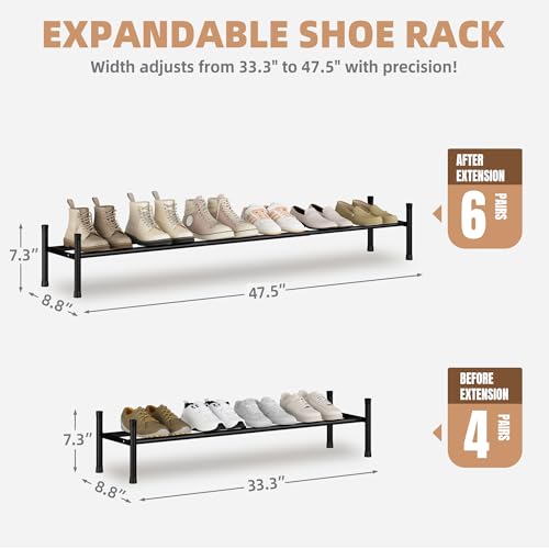 STORAGE MANIAC Long Expandable Shoe Rack, 6 Pairs Metal Wide Stackable Shoe Rack, Adjustable Shoes Shelf, Freestanding Shoes Organizer for Closet, Entryway, Hallway, Garage, Front Door, 1 Tier - size: 1-tier