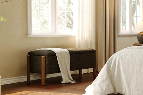 Modern Storage Benches with Walnut Wood Legs, 47'' Ottoman Bench with 20 Gallons Storage Space for Bedroom End of Bed, Fabric Upholstered Entryway Bench with Seating for Livingroom, Gray - color: Grey