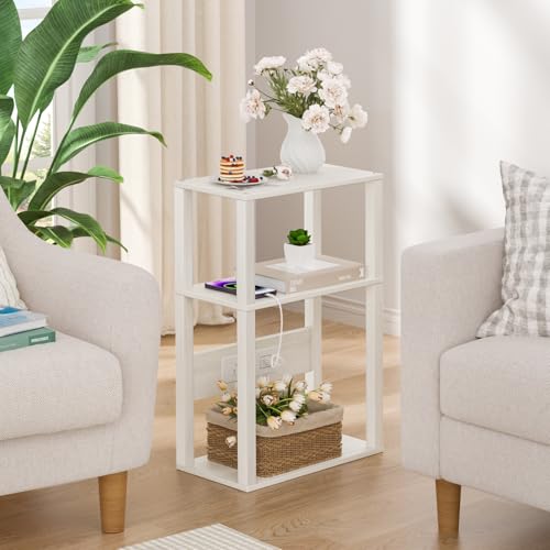 YUFAM 3-Tier Small Narrow Wood Side Table with Charging Station, Skinny Nightstand for Small Space, Slim Bedside Table with Storage for Couch, Thin End Table with USB Ports and Outlets, Grey White - color: Grey White, size: 1 Pack