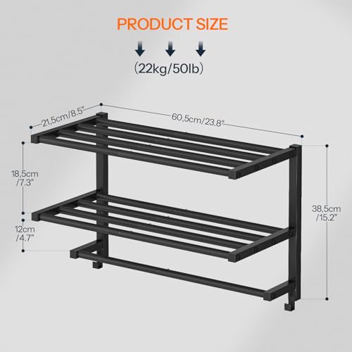HOOBRO 23.8" Towel Rack for Bathroom, 3 Tier Towel Shelf with Tower Bars, Bathroom Storage Organizer for Towels and Toiletries, Towel Holder Wall Mounted with 2 Hooks, Black BK08LB01
