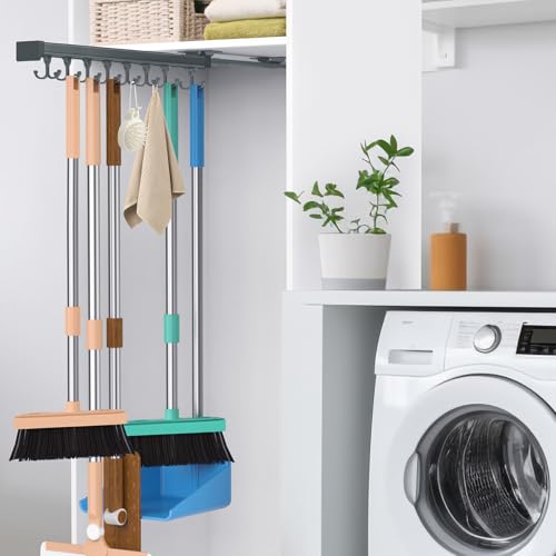 Pull Out Broom Holder, Multifunctional Slide Broom And Mop Storage/Organizer With Adjustable Double Row Sliding Hook, Garage Organization Hooks, for Closet Laundry Garage 46CM - grey - 46cm/18.11inch - color: Dark grey, size: 18.11 inches