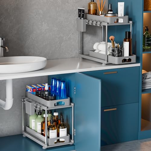 VERIFOST 2 Pack Adjustable Gray Under Sink Organizers, 2 Tier Pull Out Storage, Kitchen Bathroom Office Laundry Room Living Room - color: Gray