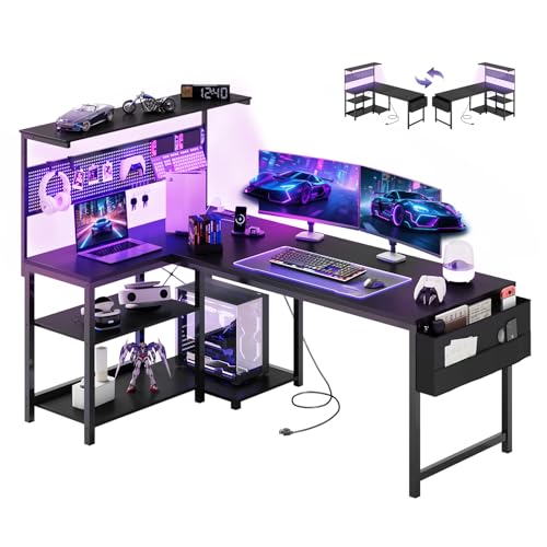 Apicizon L Shaped Desk Gaming Desk with LED Light & Power Outlet, 55 Inch Reversible Computer Desk with Pegboard & Shelf & Storage Bag for Home Office, Black - color: Black, size: 55 in