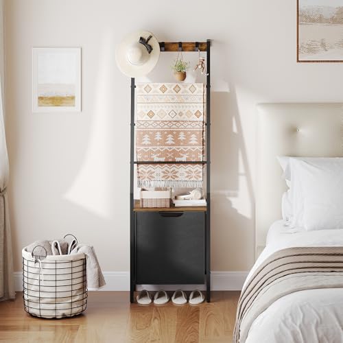 MAHANCRIS Blanket Ladder, 4-Tier Towel Rack with Pull-Out Laundry Basket & Removable Hooks, Ladder Shelf Stand, Wall-Leaning Blanket Rack for Living Room, Bedroom, Rustic Brown and Black TRHR4401