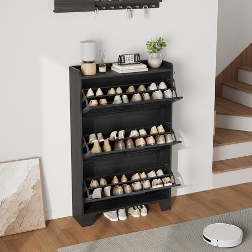 Garvee Shoe Storage Cabinet with 3 Flip Drawers, Freestanding Shoe Organizer Storage for Entryway with 2 Side Hooks, Farmhouse Hidden Slim Narrow Shoe Rack Cabinet, Black - color: Black, size: 3-Drawers