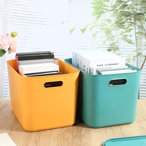 Hoolerry 8 Pieces Colorful Storage Bins with Lid, Plastic Storage Basket Organizing Container Stackable Box with Handle for Shelves Desktop Playroom Office(14.2 x 10.2 x 9.5 Inch,Green and Yellow) - color: Green and Yellow, size: 14.2 x 10.2 x 9.5 Inch