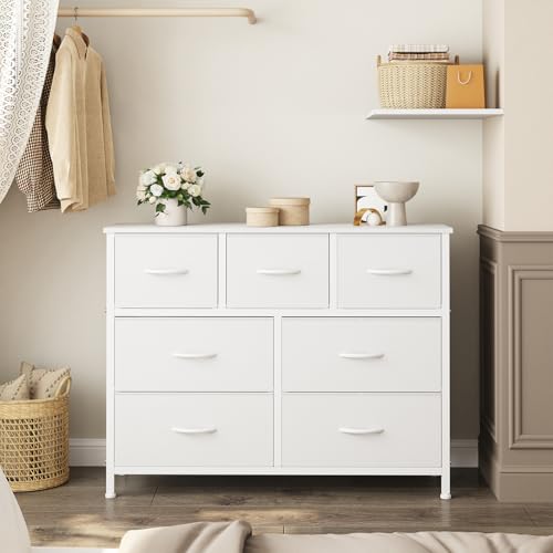 OLIXIS 7 Drawer Closet Organizer Chest, Fabric Storage Tower with Sturdy Steel Frame, Wooden Top & Easy Pull Fabric Bins, Dresser for Bedroom Living Room Entryway Clothes Organization, White - color: White, size: 11.8"D x 39.4"W x 30.1"H (7 Drawers)