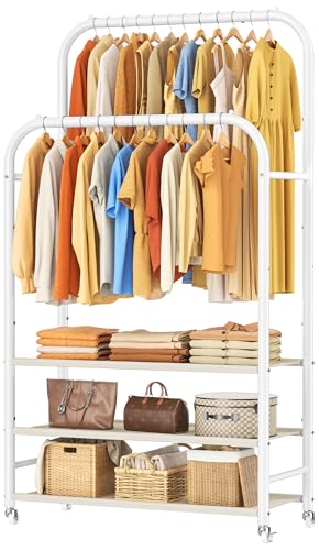 HOMIDEC Double Rods Clothes Rack Clothing Rack with 3 Tier Storage Shelves Clothes Rack for Hanging Clothes Multifunctional Heavy Duty Clothes Organizer for Bedroom,Wardrobe Closet,Shop,White - color: White