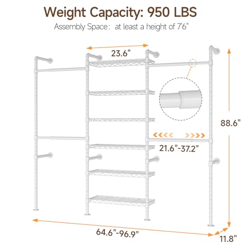 ONBRILL H3 Wall Mounted Closet System, Expandable Industrial Pipe Clothes Rack Clothing Rack for Hanging Clothes, Heavy Duty Closet Organizers and Storage in Wardrobe Closet, White - color: White