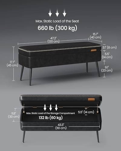 VASAGLE EKHO Collection - Storage Ottoman Bench, Entryway Bedroom Bench, 15 Gallons, Synthetic Leather with Stitching, Mid-Century Modern, Safety Hinges, Loads 660 lb, Ink Black ULOM074B01 - color: Ink Black, style: 15-Gallon Storage Bench