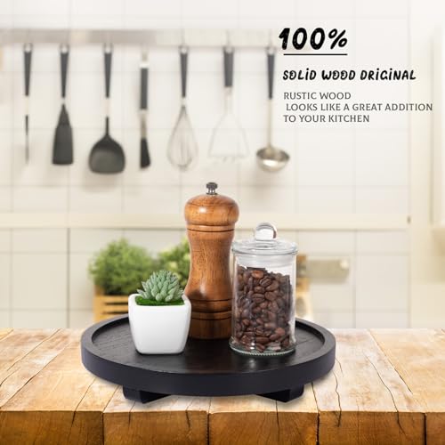 Round Decorative Tray Wood Bathroom Counter Organizer Farmhouse Kitchen Decor Wooden Riser for Soap Dish, Perfume, Candle, Sponge, 9" - Black - color: Black, size: 9"