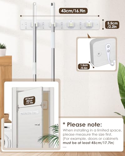 AceMining Broom Holder Wall Mounted, White 4 Holders and 4 Hooks Mop Holder, Wooden Mop and Broom Holder with Anti slip rubber, Natural pine wood Brush Holder, Mop Wall Holde with Nail installation - color: White, size: 1 Pack