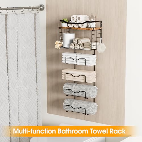 Towel Racks for Bathroom,Towel Rack Wall Mounted, 6 Tier Rolled Or Folded Towel Holder with Floating Shelves, Bathroom Towel Holder for Bath, Hand Towels,Metal and Wood - color: Vintage Brown Plank, size: J-type Black Rack