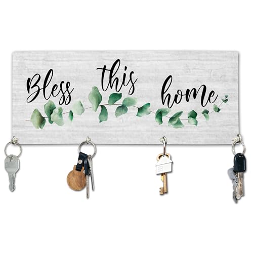 Bless This Home Wooden Key Holder for Wall - 5"x10" Key Organizer Hanger with 4 Hooks for Front Door Hallway Entryway Kitchen - Home Office Decor & Housewarming Gifts Supplies - A01 - color: Bless This Home