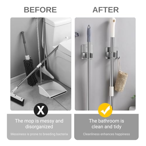 Mop and Broom Holder Wall Mount,Broom Holder Wall Mount,4 Pack Stainless Steel Broom Holders,with Strong Grip, Nail-Free Glue Installation,for Bathroom, Laundry,Office