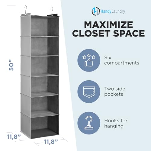 Handy Laundry Hanging Closet Organizer - 6 Shelf Storage for Clothes, Sweaters, Shoes & Accessories - Space-Saving Wardrobe Shelves with Hooks for Dorm, RV & Small Closet Organization (Grey) - color: Gray