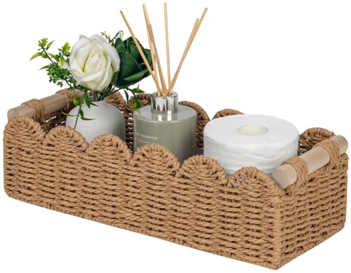 CubesLand Paper Rope Scalloped Edge Toilet Paper Storage Basket, Small Living Room, Bedroom Decor Baskets for Over Toilet Storage Shelf, End Table, Shelves and More, with 2 Wooden Handle, Neutral - color: Neutral, size: M - 14"L x 6.3"W x 3.9"H