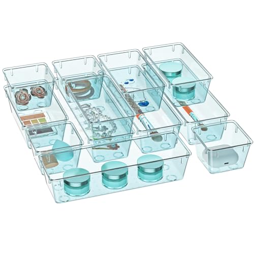WOWBOX 12 Pack Clear Drawer Organizer Set, Acrylic Drawer Storage Trays, Storage Bins for Makeup, Cosmetics, Jewelries, Utensils, Gadgets, Office, Sea Blue - color: Sea Blue, size: 12 PCS