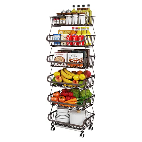 Miyawell Fruit Vegetable Storage Basket for Kitchen - 6 Tier Stackable Metal Wire Baskets Cart with Rolling Wheels Utility Fruits Rack Produce Snack Organizer Bins for Pantry Bathroom Laundry Bronze - color: 6 Tier-bronze