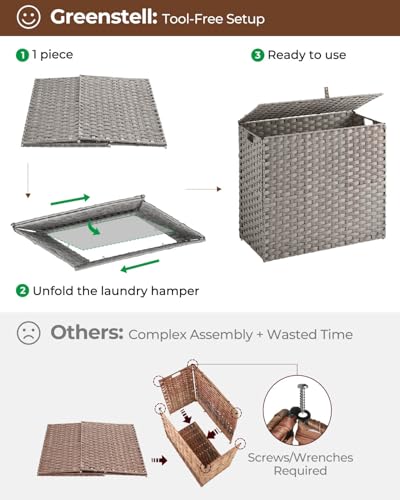 Greenstell Laundry Hamper with lid, No Install Needed, 130L Wicker Laundry Baskets Foldable 2 Removable Liner Bags, 2 Section Clothes Hamper Handwoven Rattan Laundry Basket with Handles, Gray - color: Gray, size: 130L (26.2x13.3x24.0 Inches)