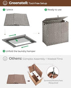 Greenstell Laundry Hamper with lid, No Install Needed, 130L Wicker Laundry Baskets Foldable 2 Removable Liner Bags, 2 Section Clothes Hamper Handwoven Rattan Laundry Basket with Handles, Gray - color: Gray, size: 130L (26.2x13.3x24.0 Inches)