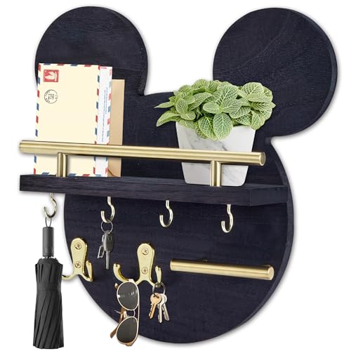 AIRPOP Key Holder for Wall–Mouse Wooden Mail Organizer Wall Mount with Shelf and 6 Hooks, Easy Installation Key Rack Hanger for Entryway Living Room Home Decor (Black) - color: Black