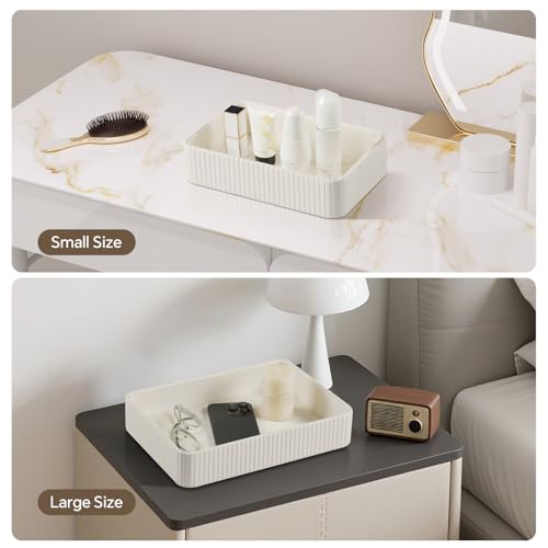 Desk Organizer Tray, PU Leather Nightstand Organizer Perfume Valet Tray for Men Women, Decorative Vanity Trays Trinket Dish Key Bowl for Entryway Table (2pcs, Ivory, Large+Small) - color: Ivory, size: 11.5" x 8.3" x 2.2"& 9.5" x 6" x 2.2"
