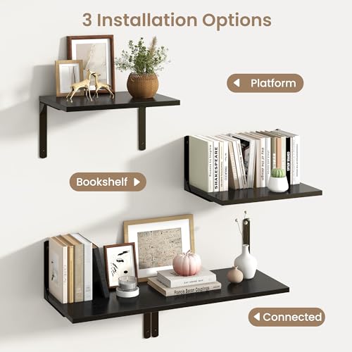Fun Memories Floating Shelves for Wall, 12 Inch Deep Floating Shelves Set of 2, Wall Mounted Shelf with Metal Brackets, Rustic Wood Wide Shelf for Bathroom, Kitchen and Living Room, Black, 16W x 12D - color: Black- L Bracket, size: 16"W x 12"D