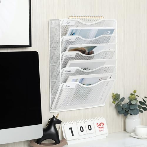 EasyPAG Wall File Organizer 5 Tier Hanging Paper Folder Holder, Zero Assembly Metal Mesh Wall Mounted Mail Organizer for Office Home Classroom Narrow Spaces, White - color: White, size: 5 Tier