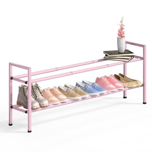 Bumusty 2-Tier Long Expandable Shoe Rack for Closet, 18"-44" Adjustable Shoe Rack for Entryway, 10-12 Pairs Large Shoe Organizer Shelf Storage, Sturdy Metal, Pink - color: Pink, size: 2-Tier