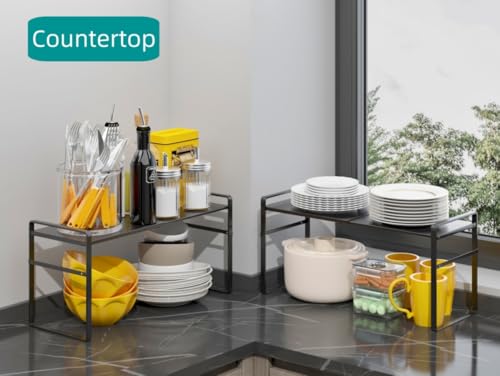 Expandable Cabinet Shelf Organizer Riser for Kitchen Pantry Cupboard Under Sink Countertop,kitchen cabinet shelf - color: Black