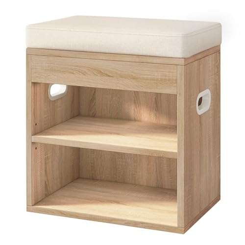 YMYNY Small Shoe Storage Bench with Cushion and Drawer, 2 Tier Adjustable Entryway Bench with Storage, Wooden Shoe Rack Bench for Entryway, Living Room, Hallway, Bedroom, Light Natural, HSC002R - color: Light Natural